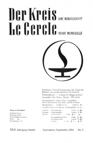 Forside av Der Kreis/Le Cercle. Septemberutgaven i 1954 var fullt ut viet skandinaviske forhold. Faksimile, ETH Zürich, e-periodica